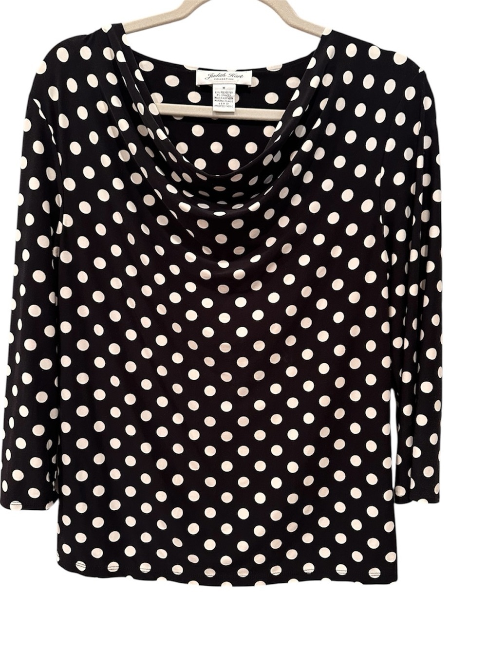 Judith Hart Polka Dot Cowl Neck Blouse Top 3/4 Sleeves Office Stretchy Sz M